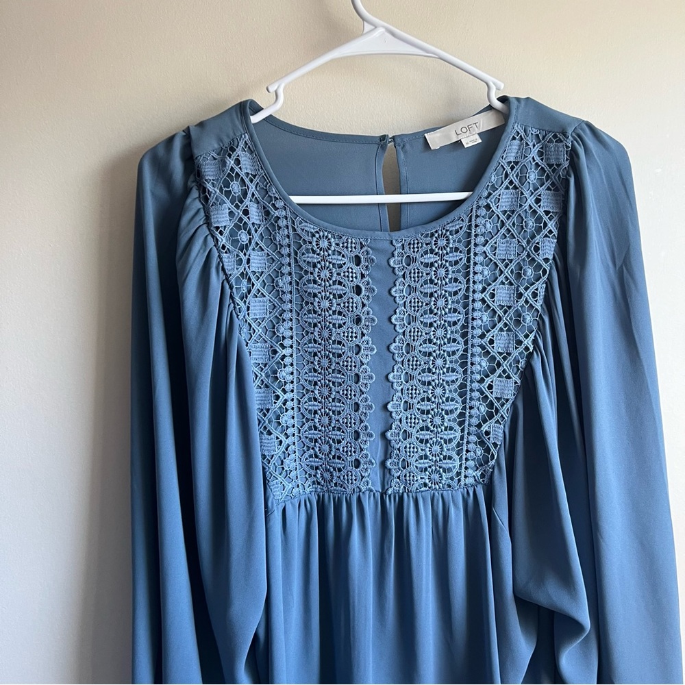 Loft Blue Gray Lace Crochet Front Bib Long Sleeve Blouse - Picture 5 of 6